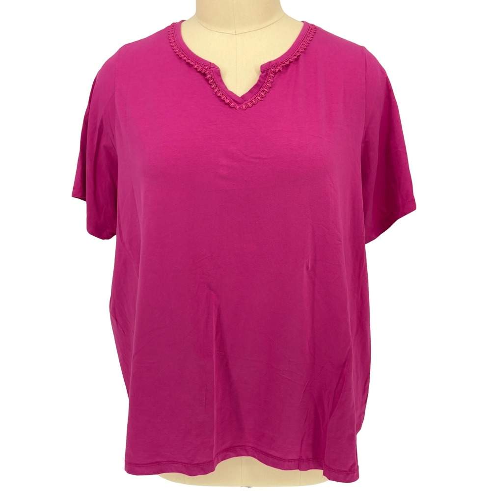 Catherines Suprema Collection Top Pink Crochet Trim Split Neck Plus 2X 22/24W